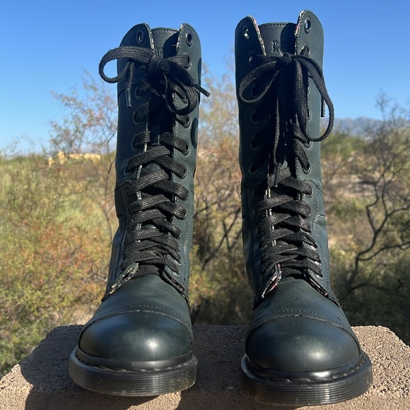 Dr. Martens Triumph Floral Tall 12 Eye Lace Up Mirage Black / Dark Green Boots - Picture 6 of 16